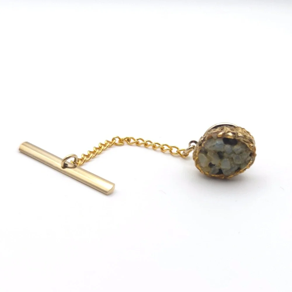 Vintage Gold Tone Faux Stone Cluster Tie Tack with Security‎ Chain and Bar